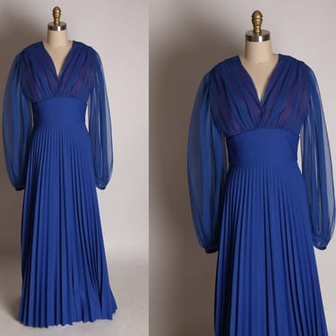 1970s Regal Blue Sheer Chiffon Long Sleeve Full Length Pleated Skirt Formal Cocktail Dress by Claralura Original -M 