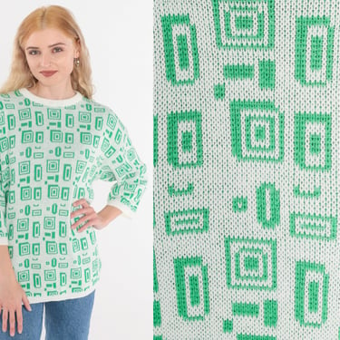 80s Sweater Geometric Knit White Green Square Print Retro Crewneck Groovy Statement Pattern 3/4 Sleeve Pullover Acrylic Vintage 1980s Small 