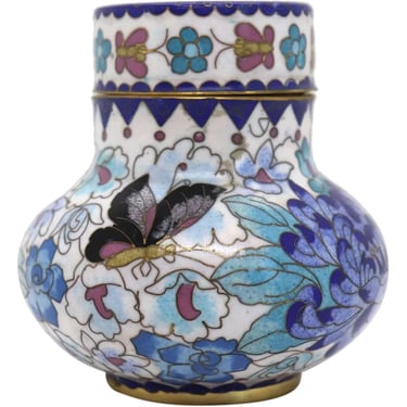 1920s Vintage Chinese Floral Butterfly Cloisonne White Enamel Brass Mounted Lidded Jar 