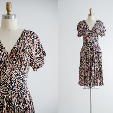 abstract midi dress | 80s 90s vintage Ann Tjian Kenar black brown orange geometric patterned fit and flare rayon dress 