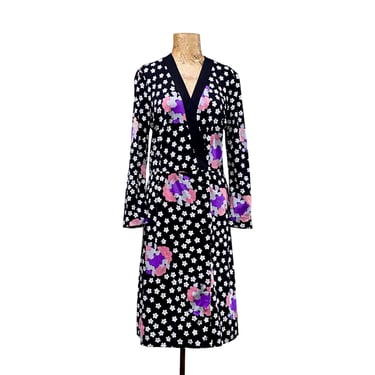 Vintage 1970s Hanae Mori Jersey Wrap Dress, Black and White Floral V Neck Shift, Tokyo Designer, Medium 36" Bust, VFG 