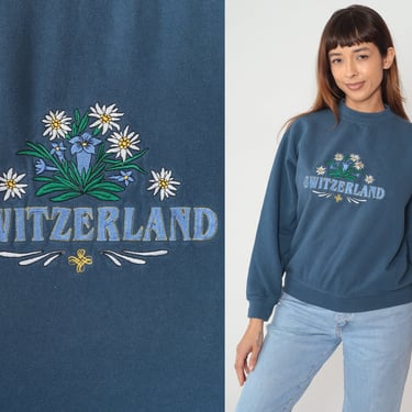 Switzerland Sweatshirt 90s Floral Embroidered Sweatshirt Flower Graphic Shirt Tourist Travel Blue Pullover Vintage 1990s Small Medium 