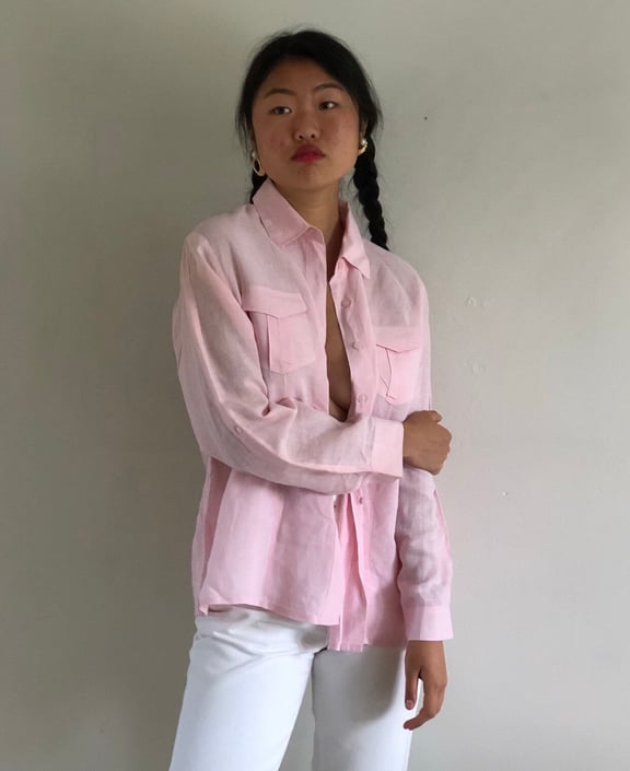 90s linen blouse / vintage blush pink woven pure linen pocket shirt over shirt blouse | Large 