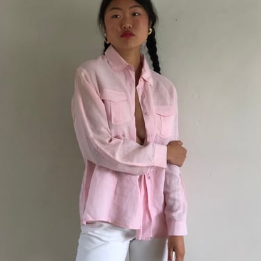 90s linen blouse / vintage blush pink woven pure linen pocket shirt over shirt blouse | Large 