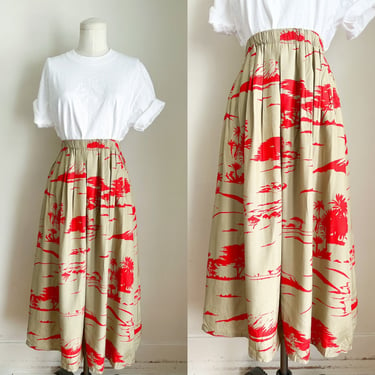 Vintage 1980s Khaki & Red Safari Novely Print Skirt / S-M 