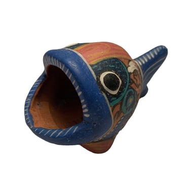 Vintage Folk Art Pottery Terracotta Open Mouth FISH Ashtray/incense Burner 