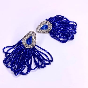 Vintage blue bead multi dangle and rhinestone clip earrings 
