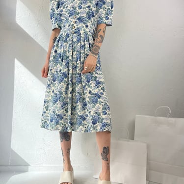 80s ' S.L Fashions' Blue Floral Crew Neck Day Dress 