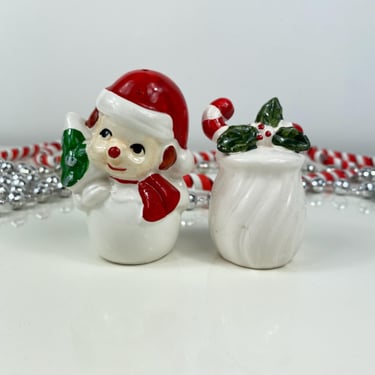 Vintage Christmas Snowman Candy Cane Present Bag Salt & Pepper Shaker Set, Santa Holding Christmas Tree, Santas Toy Bag, Old Christmas Decor 