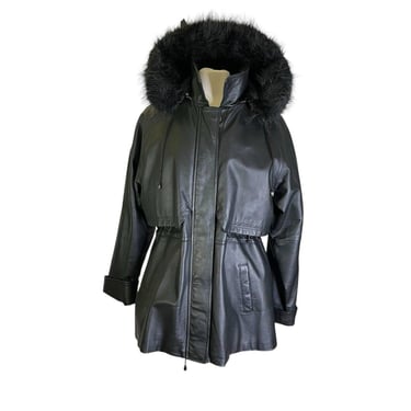 Vintage Croft & Barrow Black Genuine Leather Quilted Parka Coat Fur Hood Jacket Womens XLarge 