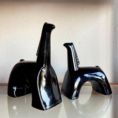 Jaru Cubist Ceramic Horse Figurines | glossy black finish | equine tabletop sculptures | giraffe art | 1960s 