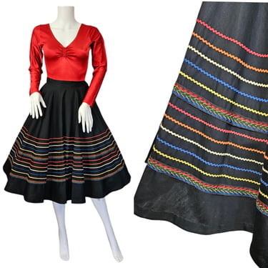 1950's Black Cotton Circle Skirt with Rainbow Rick Rack I Sz Sm I W: 26