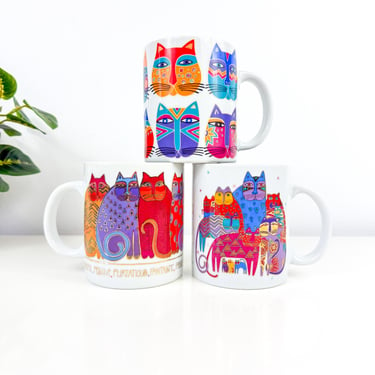 Vintage Laurel Burch Cat Mug Set of 3, 1990s Y2K Fantastic Felines, Femmes Fatales Felines Gold Trim Colorful Cat Coffee Mug, I love Cats 