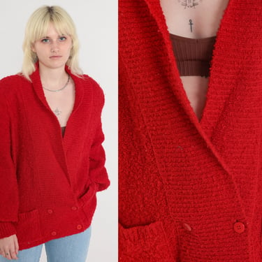 Red Cardigan 80s 90s Nubby Knit Sweater Double Breasted Button up Power Shoulder Shawl Collar Jumper Knitwear Acrylic Vintage 1990s Large L 