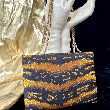 Tiger Stripe Silk Clutch, Chain Strap, Animal Print, Vintage Purse, Sustainable Fashion 