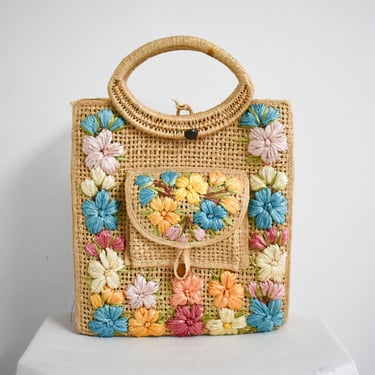 1960s Floral Straw Handbag 