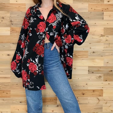 Floral Rose Print Textured Button Up Blouse 