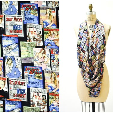 Vintage Nicole Miller Silk Scarf with Magazine 90s Pop Art Beauty Advertising Print// Extra Large Silk Scarf with 90s Cosmopolitan Print 