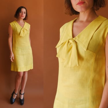 Vintage 60s Yellow Linen Dress/ 1960s Mod Shift Dress with Big Collar/ Size Small 