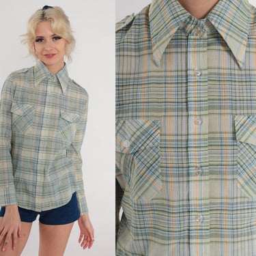 70s Plaid Shirt Green Button up Dagger Collar Blouse Epaulette Checkered Top Long sleeve Seventies Preppy Disco Vintage 1970s Extra Small xs 