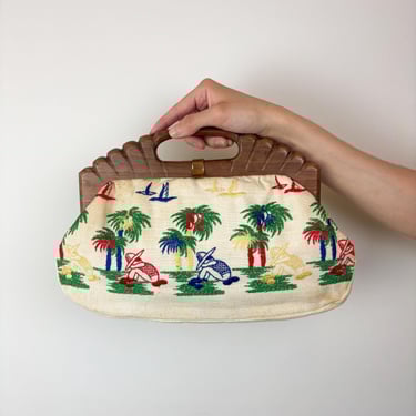 Vintage 40s Summer Fabric Handbag Mexican Embroidery Motif Wooden Handles Courtine De Paris 