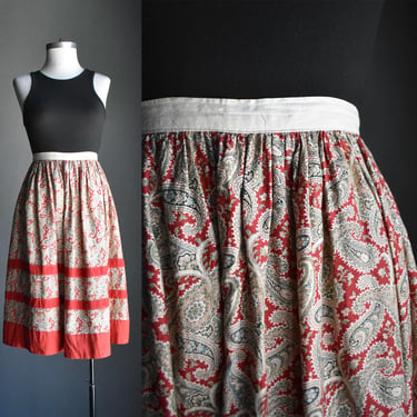 Edwardian Era Paisley Cotton Skirt / Edwardian Red Paisley Peasant Skirt / Antique Cotton Peasant Skirt / Antique Handmade Skirt Small 