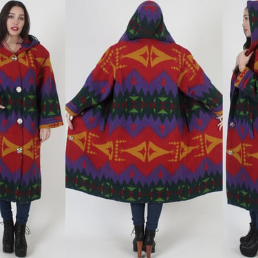 Southwestern Wool Blanket Jacket, Oversized Native American Rancher Coat, Vintage 80's Unisex Deep Hooded Duster 