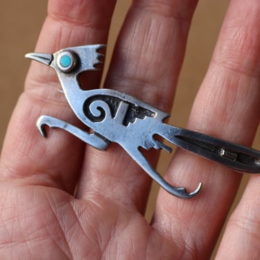 Roadrunner Brooch / Hopi Bird Pin / Vintage Sterling Turquoise Bird Brooch 