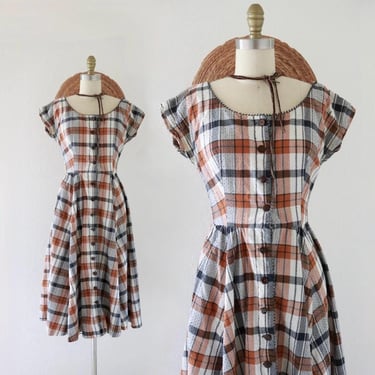 autumnal plaid button dress - s - vintage 50s 60s mid century womens fit flare size small Jonathan Logan cotton midi dress pockets 