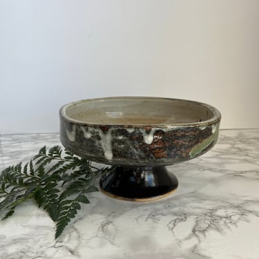 Studio Pottery Bowl Footed Bowl Green Glaze Vintage Hand Made Pottery Boho Decor 