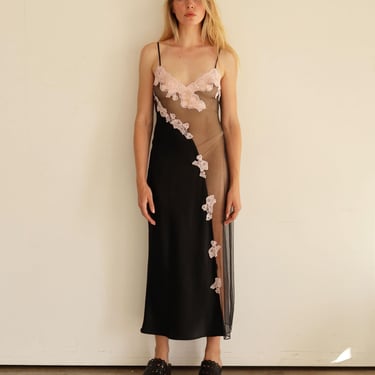 Vintage 1990s Black Satin + Mesh Paneled Slip Dress with Pink Lace Trim + Sequins 90s Sexy Lingerie Y2K XS S 