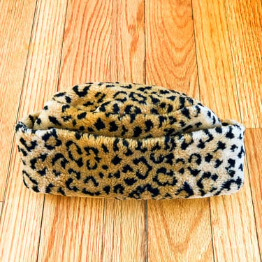 80s/90s Golden Brown and Black Leopard Print Faux Fur Fuzzy Fleece Winter Hat 