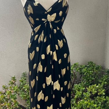 Vintage Victor Costa strapless maxi dress black chiffon gold metallic leaves print Sz 4 XS. Sweetheart neckline 