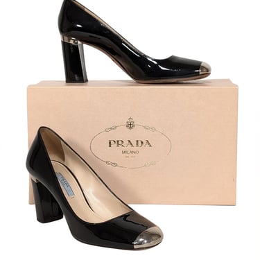 Prada - Black Patenet Leather Block Heel Gold Toe Pumps Sz 7