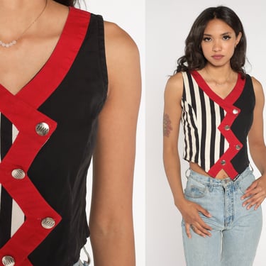 Striped Tank Top 90s Black White Color Block Shirt Zig Zag Button Up Vest Sleeveless Blouse Retro Criss Cross Cage Red Vintage 1990s Small S 