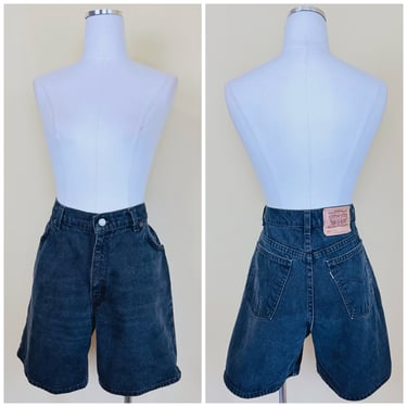 1990s Vintage Black Denim Levis 950 Cotton Relaxed Fit Jean Shorts High Waisted / Waist: 32