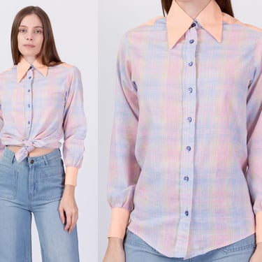 70s Pastel Plaid Western Shirt - Small | Vintage Button Collared Long Sleeve Rockabilly Yoke Top 