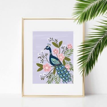 Peacock In Tree Art Print/ 8 X 10 Bird with Botanicals Illustration/ Chinoiserie Inspired Home Decor 