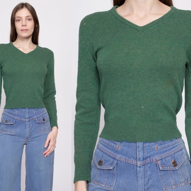 70s Green Wool Cropped Sweater - Extra Small | Vintage Distressed V Neck Knit Pullover Jumper 