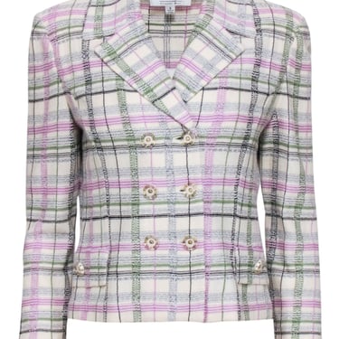 St. John - Ivory, Green, &amp; Lavender Plaid Double Breasted Button Blazer Sz 6