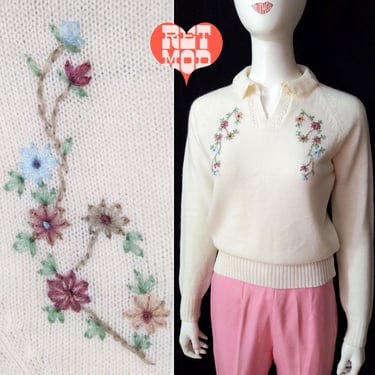 Lovely Soft Vintage 70s 80s Slightly Off-White Collared Sweater with Floral Embroidery 