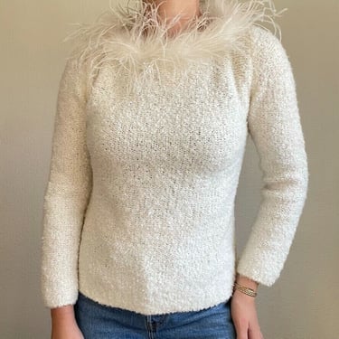 Radzoli Womens White Fluffy Feather Collar Wool Blend Sweater Sz M 