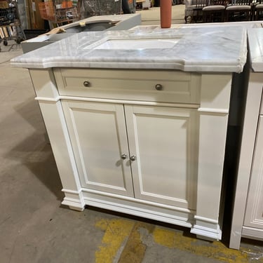 Single Bathroom Vanity with Gray and White Marble Countertop