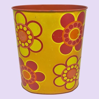 Vintage Cheinco Wastebasket Retro 1970s Bohemian + Metal + Daisy Flowers + Orange/Red/Yellow + Mid Century Trash Can + MCM Bathroom Storage 