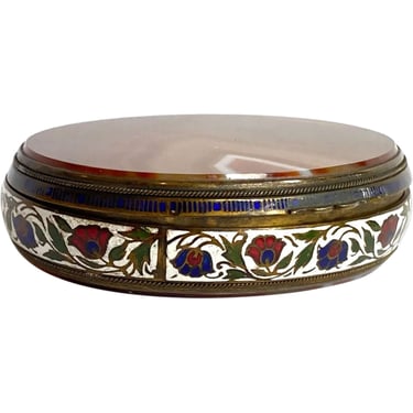 Large French Gilt Metal Champleve Enamel and Agate Oval Snuff Box