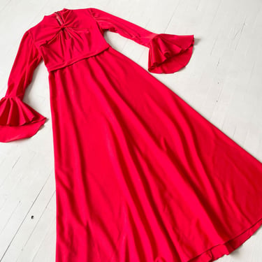 1970s Tomato Red Bell Sleeve Maxi Dress 