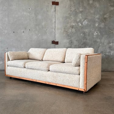 Vintage Mid Century Sofa / Sleeper Oatmeal Fabric &amp; Oak Trim