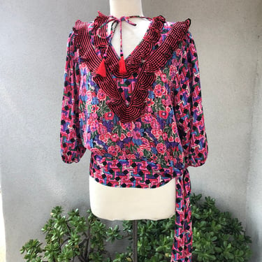 Vintage 80s ruffles blouse pink purples Diane Freis sz Medium polyester 