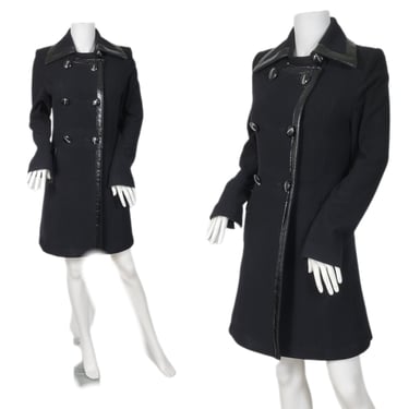 1970's Black Wool Cashmere Double Breasted Vinyl Trim Coat I Sz Sm I Ziza Collection 