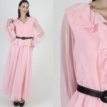 Light Pink Chiffon Maxi Dress, Long Sheer Barbiecore Gown, Pleated Ruffle Peplum, Womens Cocktail Party 